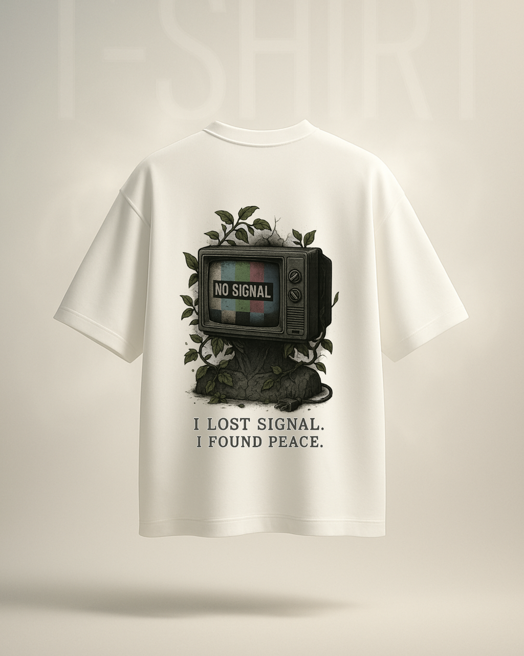 White t-shirt with a graphic of a vintage television set and text on a light gray background