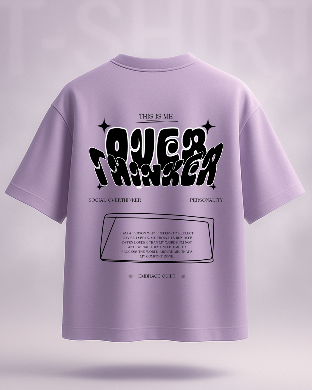 Purple t-shirt with black text and graphics on a light gray background